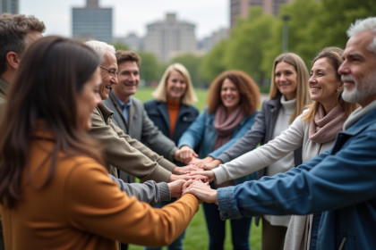 Groupe divers d'adultes se tenant par la main dans un parc urbain