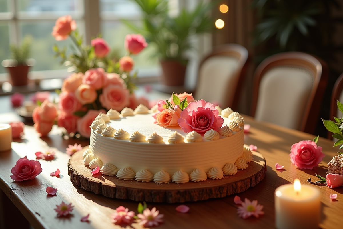 Gâteau d anniversaire élégant entouré de fleurs et bougies sur une table