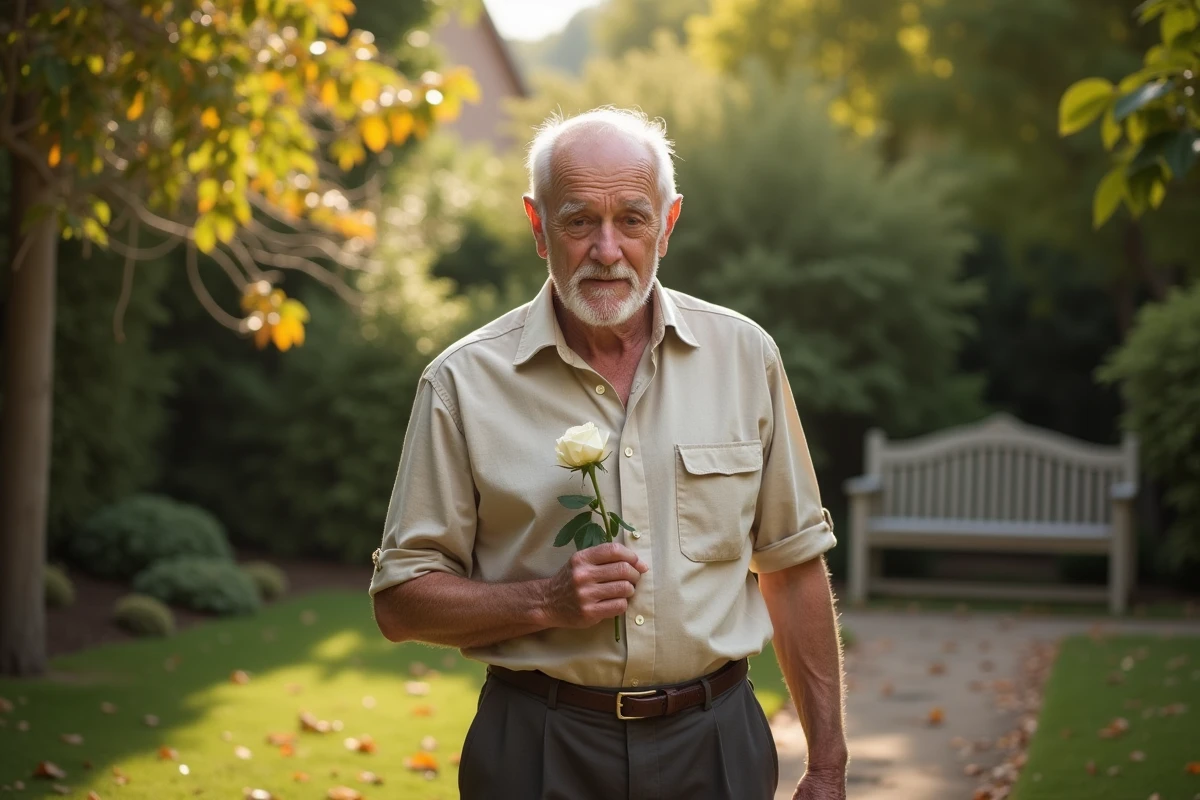 Homme âgé tenant une rose blanche dans un jardin en souvenir de sa maman disparue, expression recueillie et mélancolique