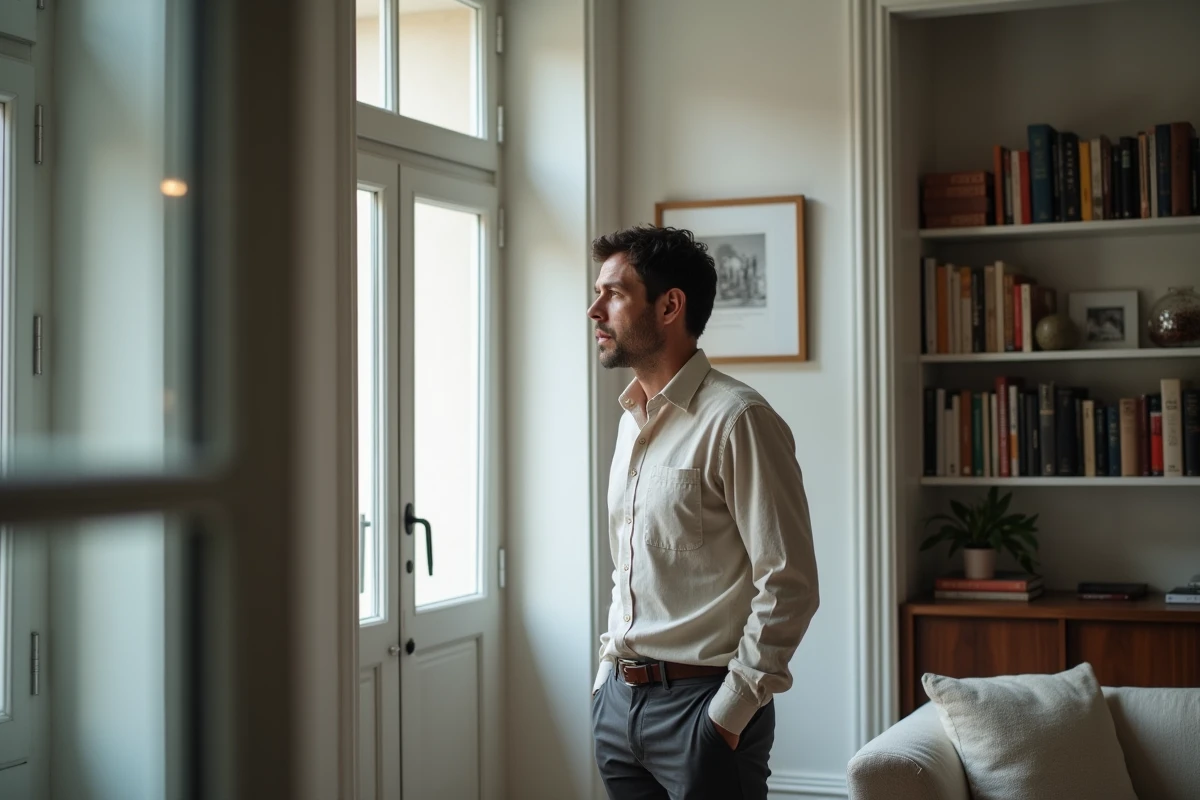 Homme debout près d'une fenêtre dans un appartement parisien moderne, regard pensif, atmosphère intimiste