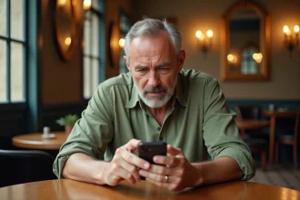 Homme consultant son téléphone dans un café parisien, illustrant la recherche d'informations fiables sur les personnalités publiques