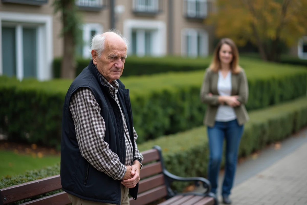 Homme age assis sur un banc de parc avec femme observatrice