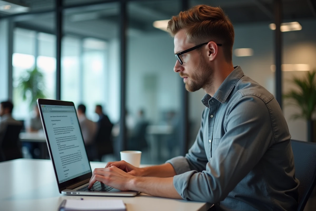 Homme rédigeant un email de demande de congé parental sur un ordinateur portable dans un bureau professionnel