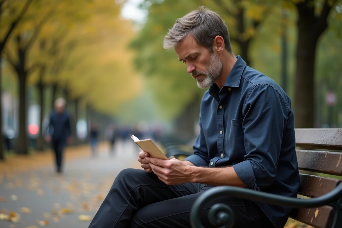 Homme lisant un message émouvant sur un banc de parc en automne, expression contemplative et touchée