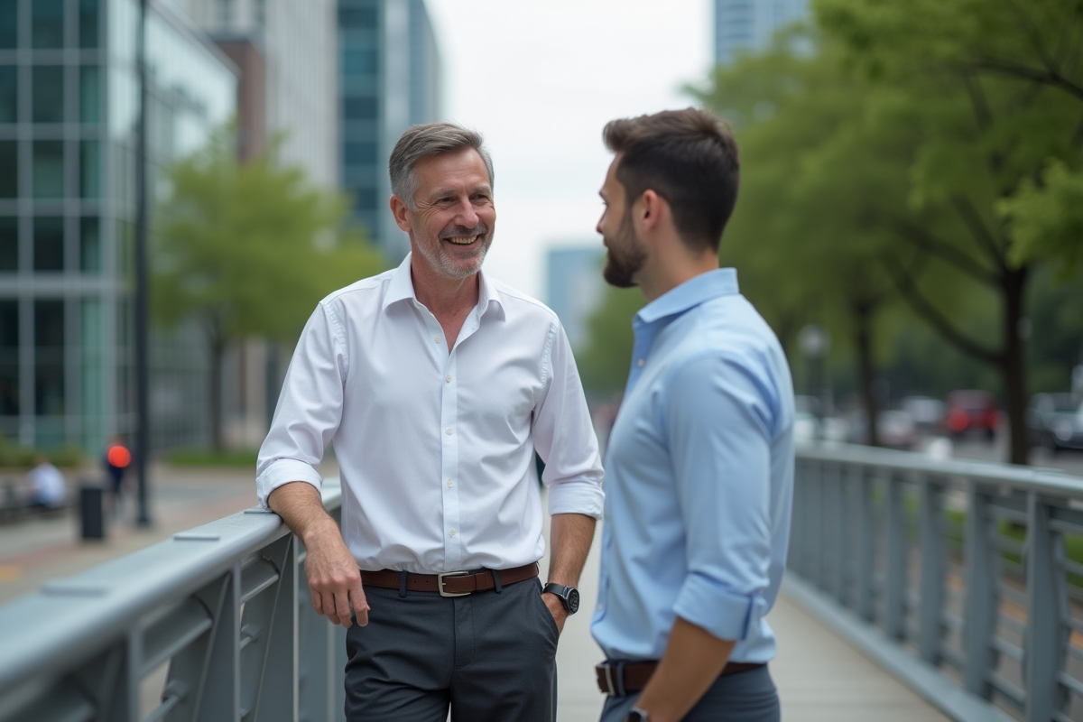 Homme souriant parlant avec un jeune dans un pont urbain