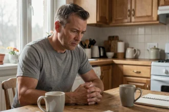 Homme assis à une table de cuisine, pensif et introspectif, symbolisant la réflexion sur les limites dans une relation