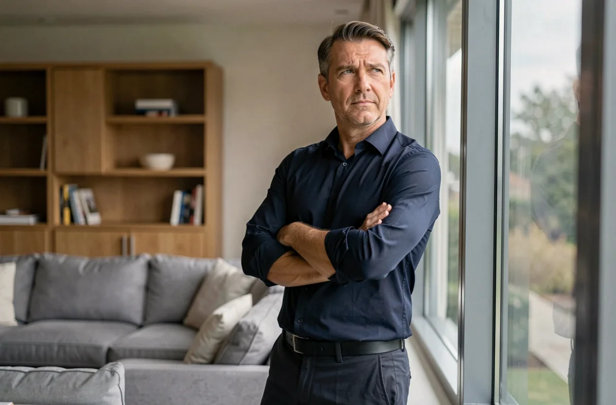 Homme seul près d'une fenêtre, bras croisés, avec une expression déterminée évoquant la prise de décision et les limites personnelles