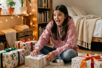 Jeune fille de 12 ans entourée de cadeaux colorés dans une chambre cozy avec décoration féerique
