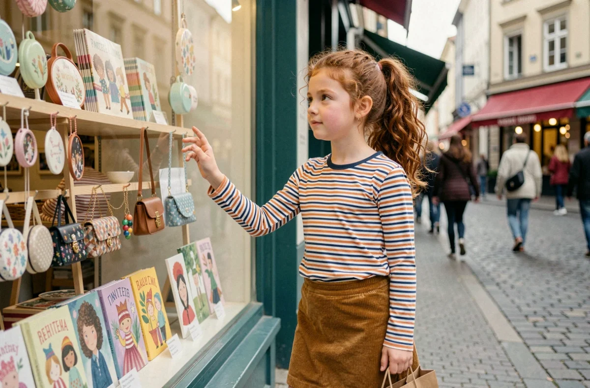 Préadolescente de 12 ans devant une vitrine de boutique avec des idées cadeaux tendance