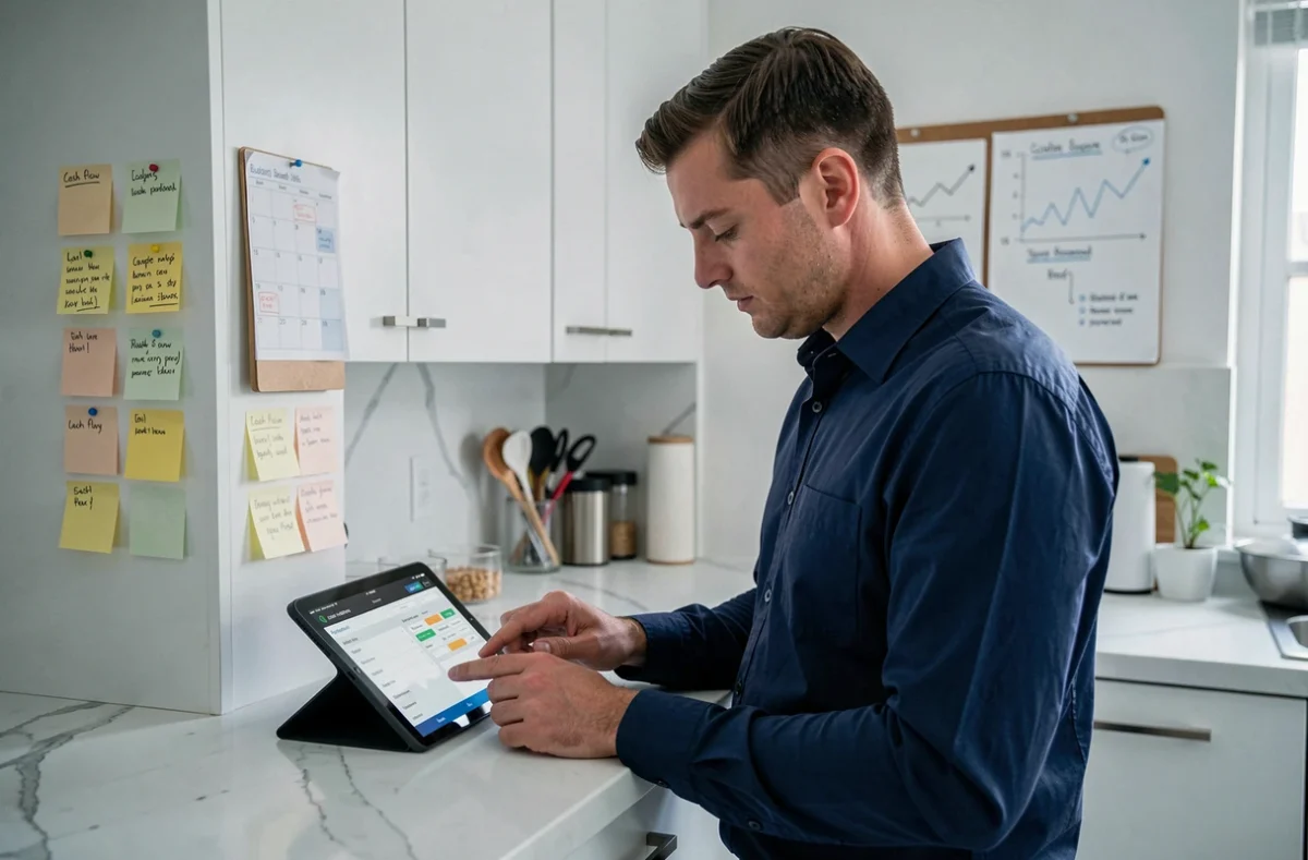 Travailleur indépendant consultant une application de budget sur tablette dans sa cuisine, planifiant sa trésorerie avant son congé paternité