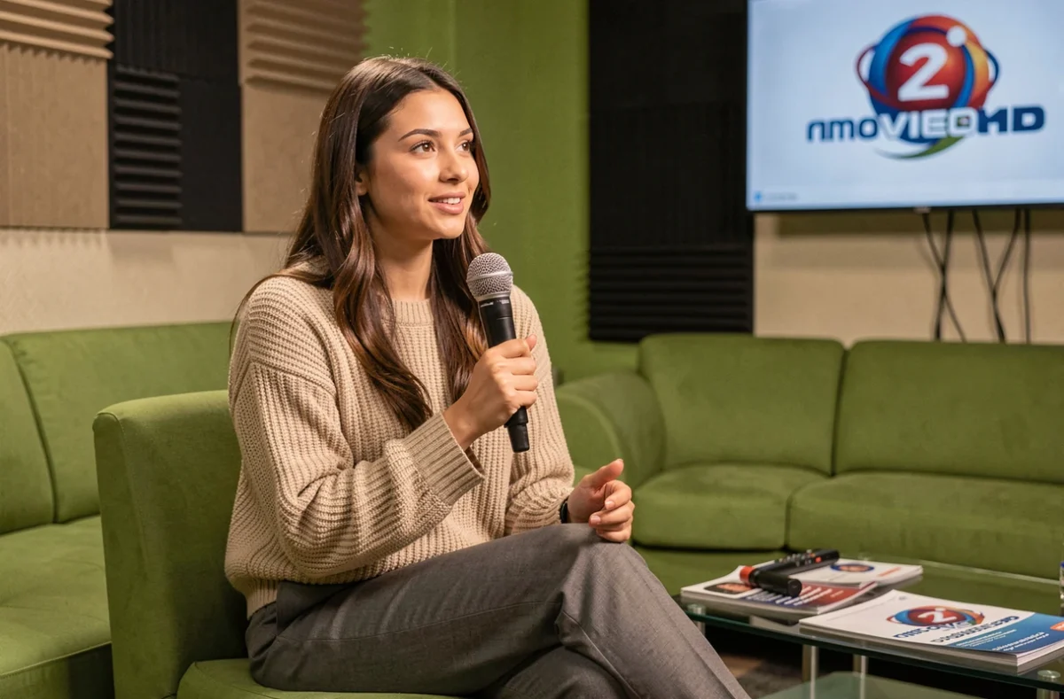 Jeune femme accordant une interview dans un studio médias, tenant un microphone avec une expression naturelle et détendue