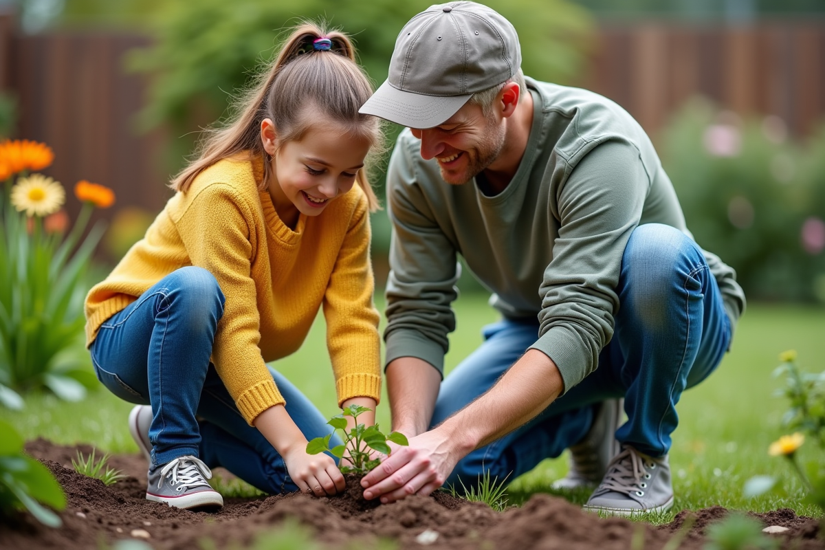 Père et fille plantant des fleurs dans le jardin