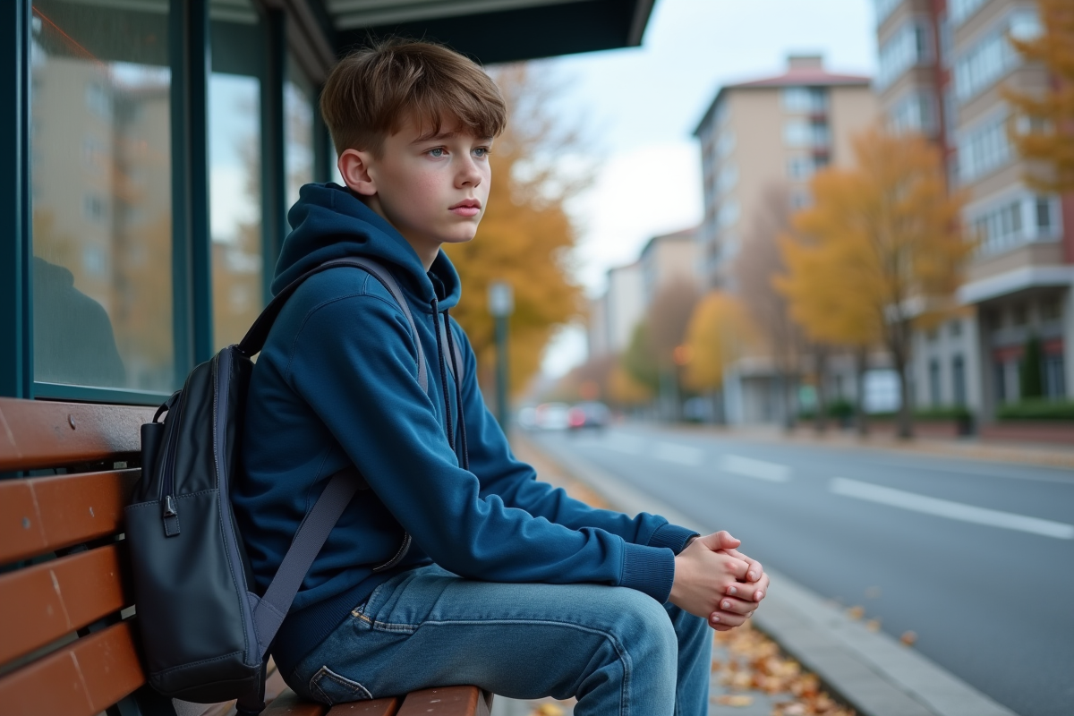 Jeune garçon assis seul à un arrêt de bus en ville