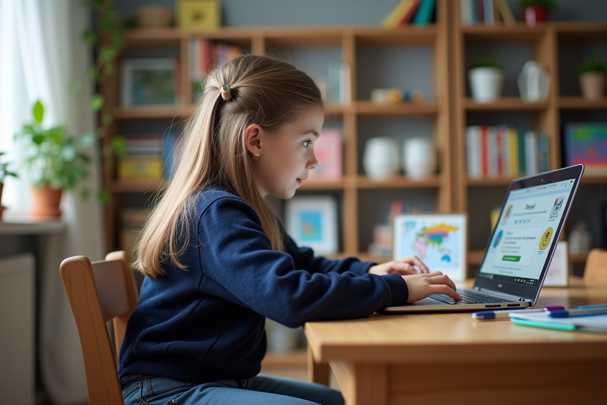 Jeune élève assise à son bureau regarde un ordinateur portable