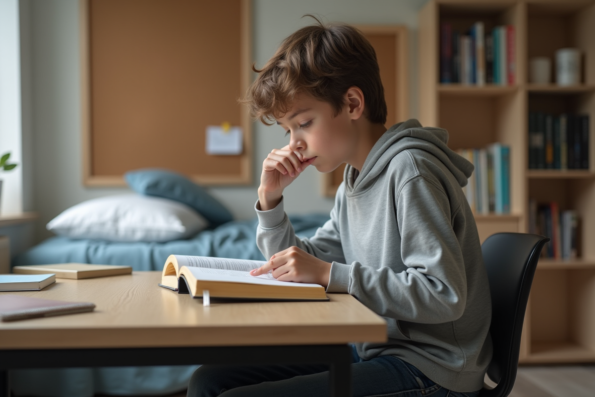 Jeune garçon étudiant dans sa chambre avec bureau organisé