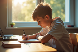 Jeune étudiant travaillant à un bureau lumineux avec livres et ordinateur