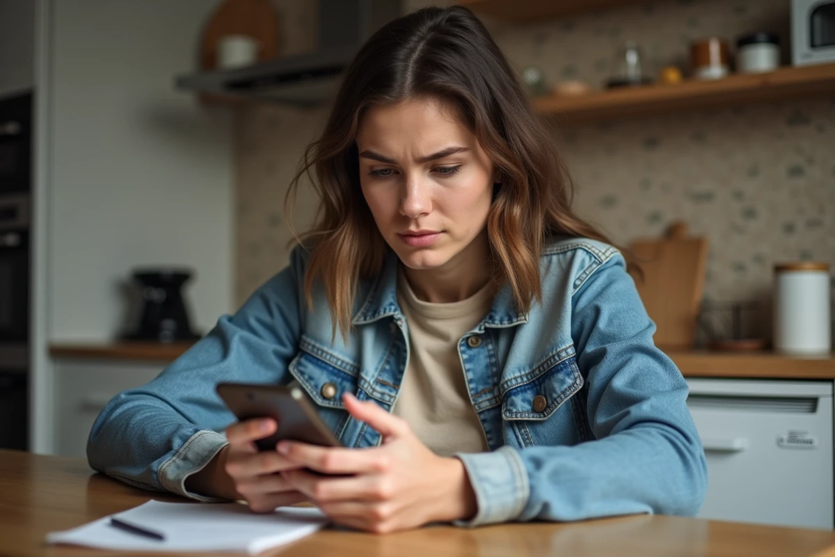 Jeune femme en cuisine regardant son smartphone