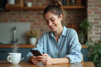 Jeune femme souriante qui envoie un texto de rentrée depuis son appartement cosy avec un café le matin
