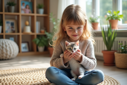 Jeune fille avec un chaton dans un salon lumineux