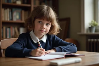Jeune fille de 10 ans écrivant dans un carnet dans une pièce chaleureuse