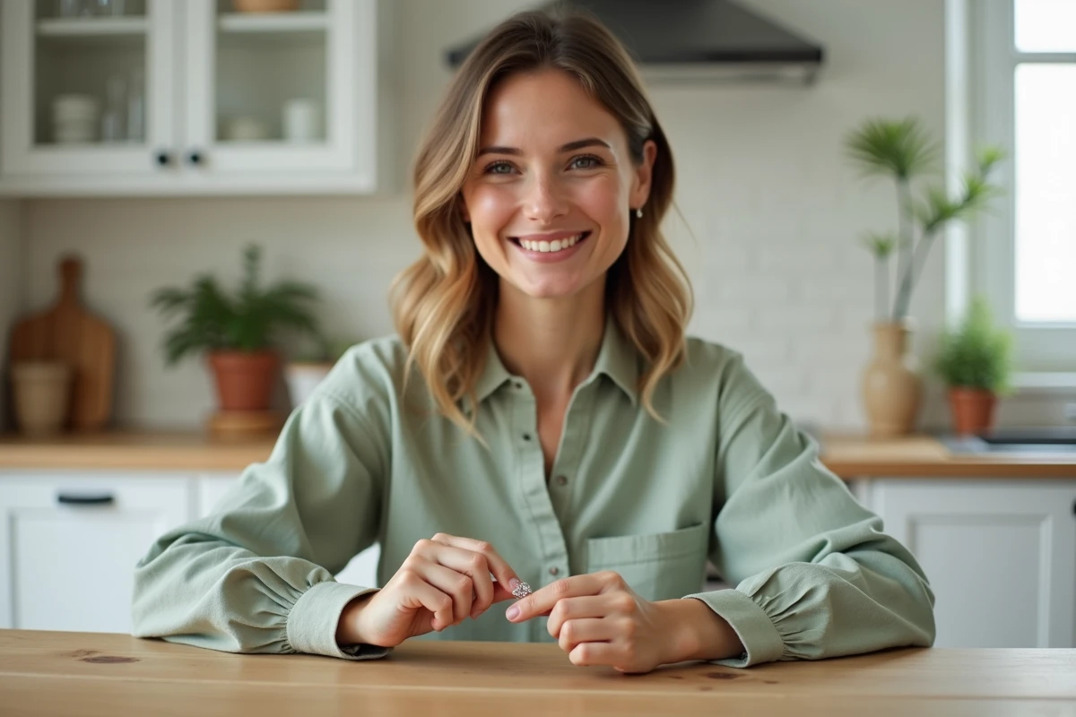 Jeune mère tenant une gourmette gravée pour bébé dans une cuisine scandinave lumineuse