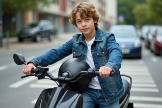 Jeune garçon de 14 ans avec casque et moto moderne