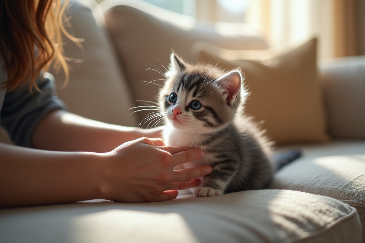 Personne jouant avec un chaton gris dans un salon cosy
