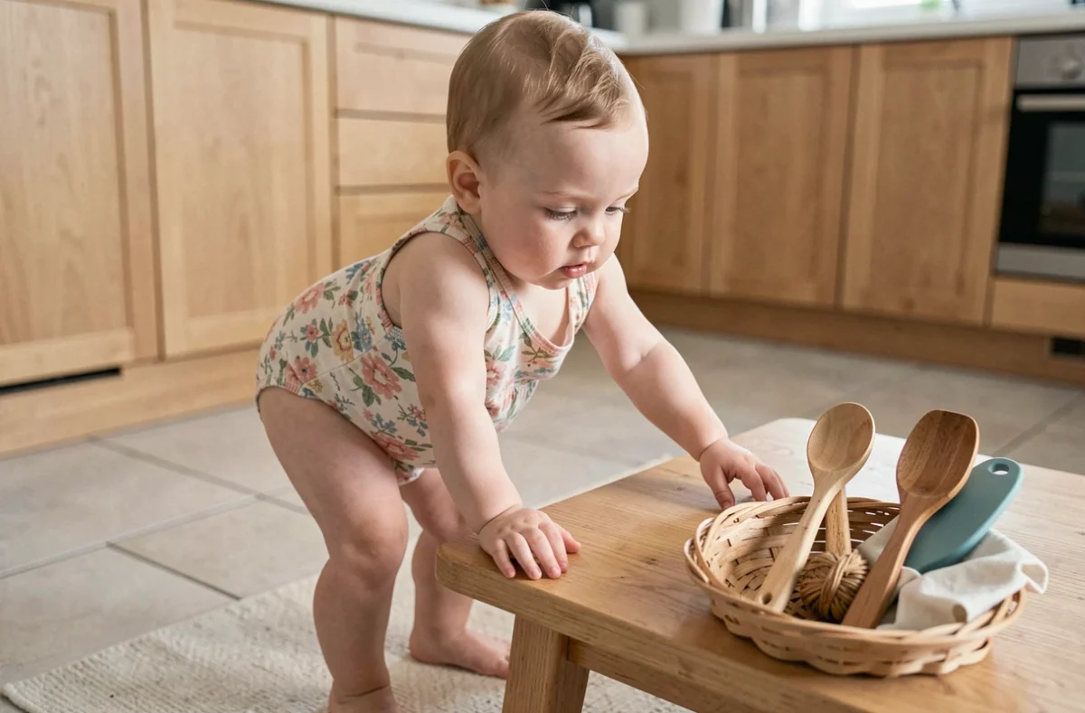 Bébé debout s'appuyant sur une table basse et explorant un panier d'objets du quotidien en cuisine