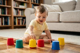 Bébé de 12 mois assis sur un parquet en bois jouant avec des gobelets empilables colorés dans un salon cosy