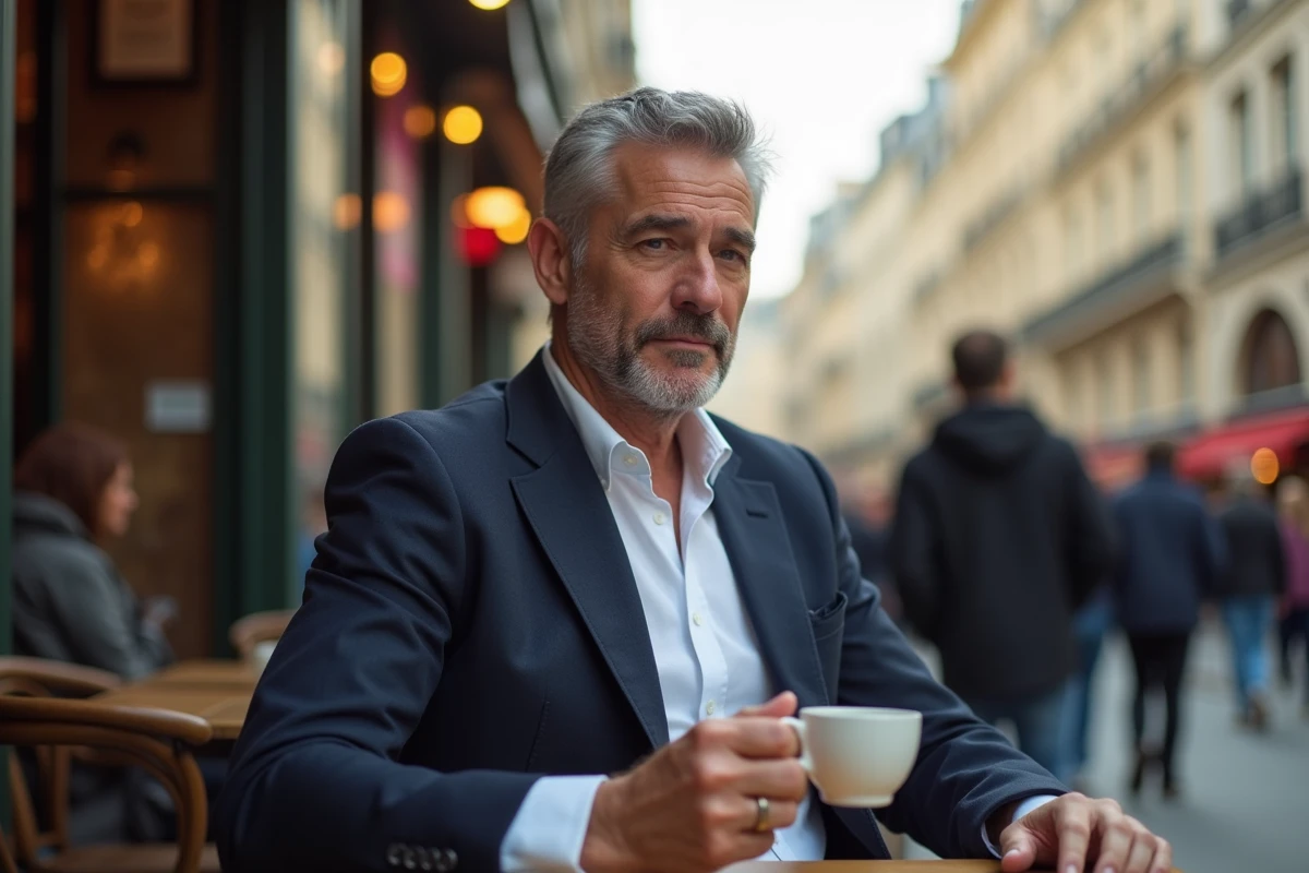 Journaliste français assis en terrasse de café parisien, tenant un espresso, portrait éditorial réaliste