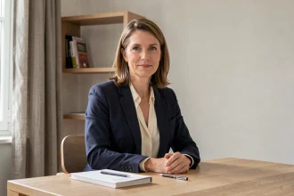 Portrait professionnel d'une journaliste française élégante dans un bureau parisien épuré