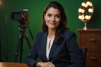 Femme journaliste française élégante en blazer marine dans un studio de télévision, évoquant l'univers médiatique de Charlotte d'Ornellas