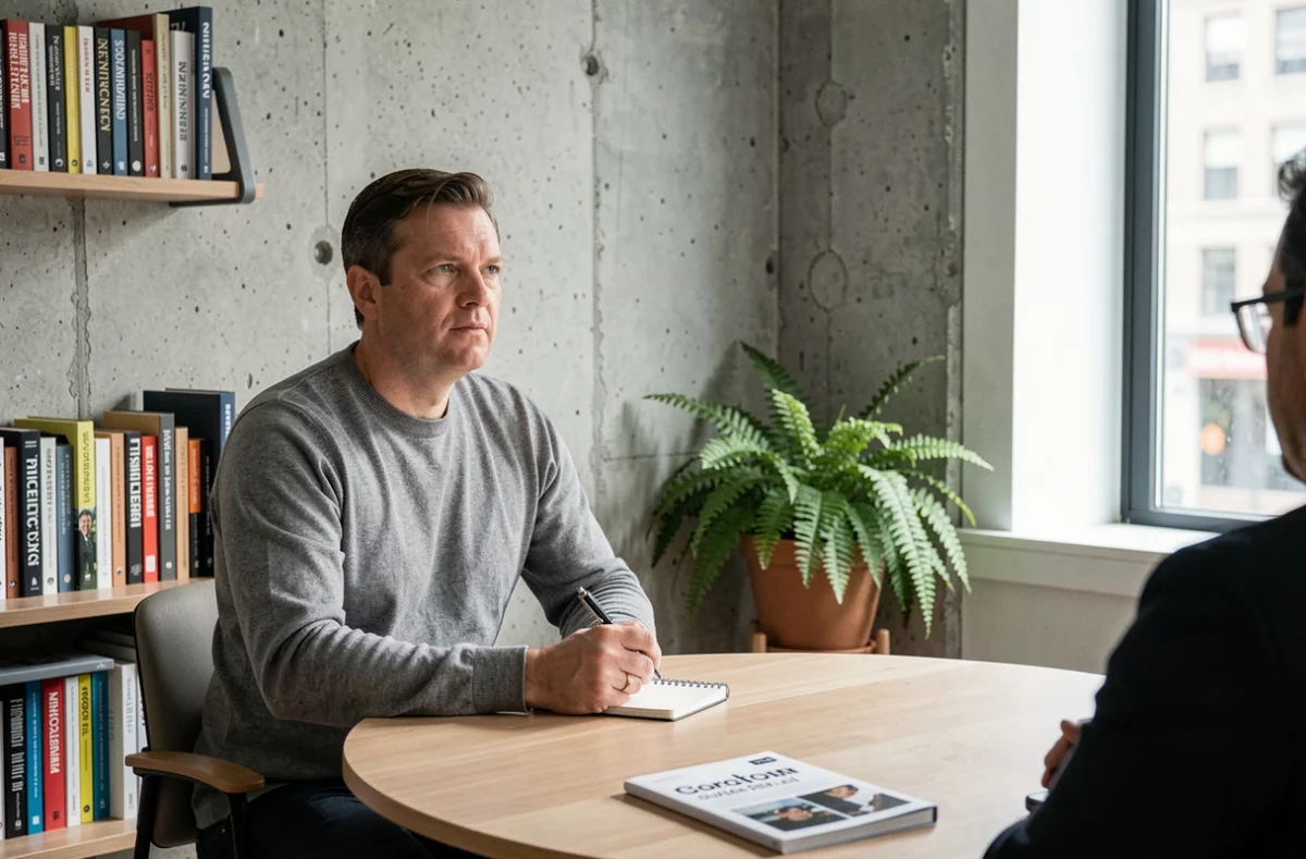 Journaliste prenant des notes lors d'une interview dans un bureau éditorial moderne avec murs en béton et bibliothèques