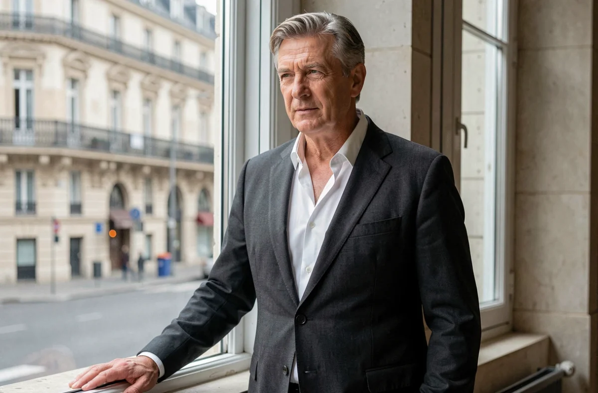 Homme distingué en costume sombre devant une fenêtre donnant sur Paris, évoquant l'univers personnel et sentimental d'un journaliste médiatique