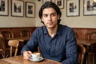 Jeune homme d'origine méditerranéenne assis dans un café parisien lors d'une interview, expression pensive et regard de côté