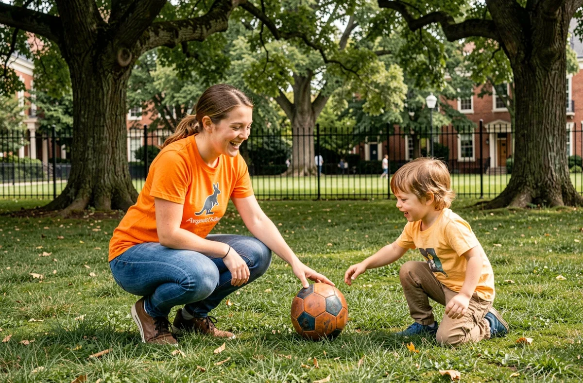 Une baby-sitter Kangourou Kids joue avec des enfants dans un parc public de Bordeaux
