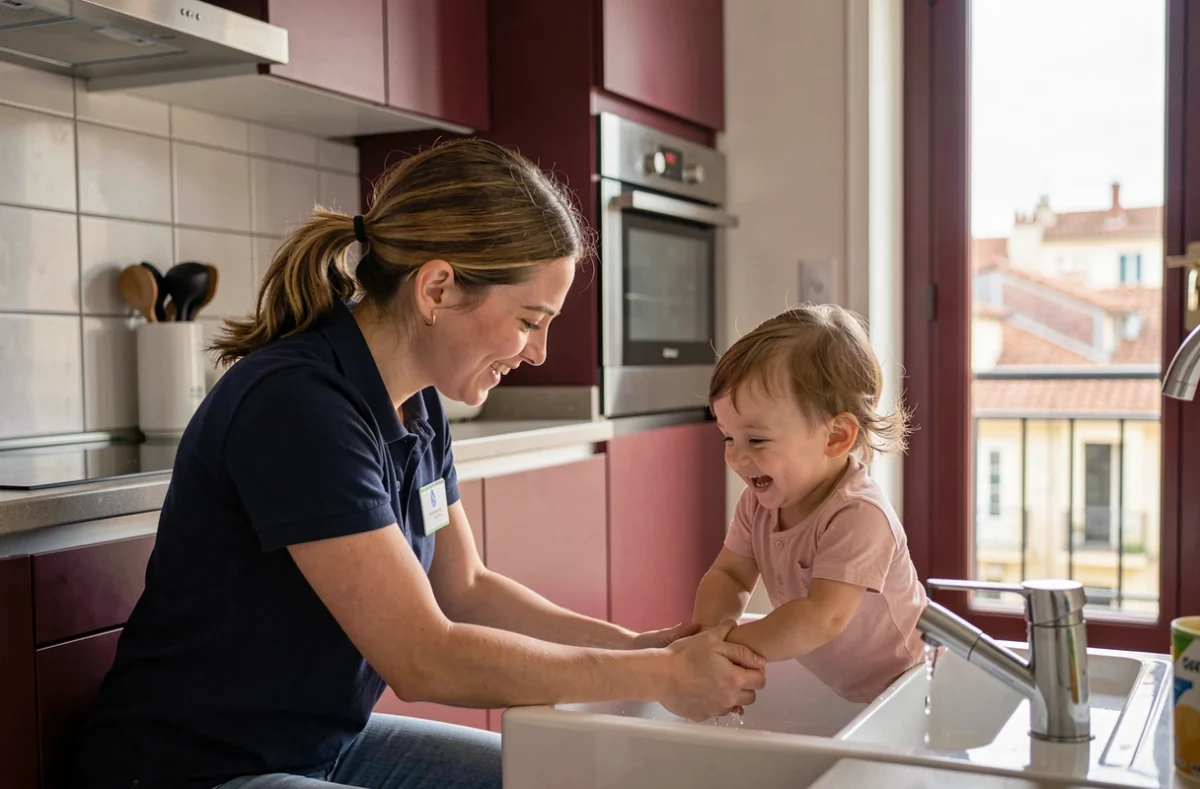 Une baby-sitter de l'agence Kinougarde Bordeaux aide un enfant à se laver les mains dans une cuisine moderne