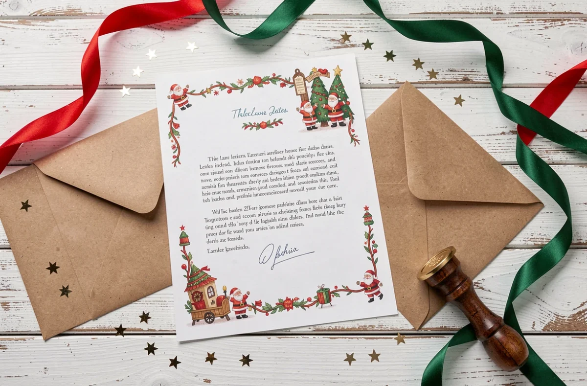 Kit complet lettre père Noël imprimée avec enveloppe kraft, ruban rouge et cachet de cire sur table en bois blanc