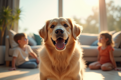 Labrador à poil long jouant dans un salon ensoleille avec enfants