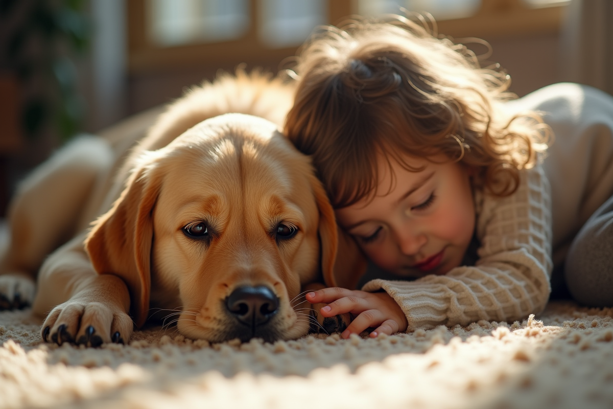 Labrador reposant calmement avec un enfant qui le serre dans ses bras