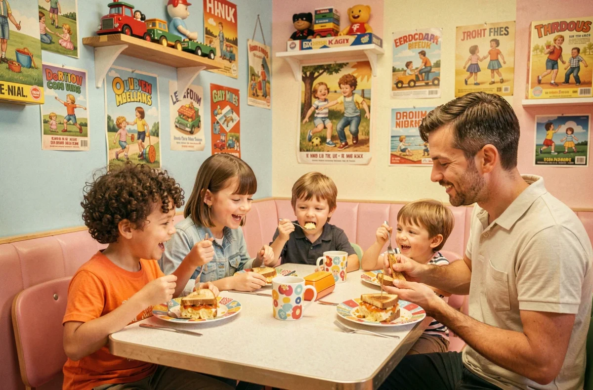 Les Fils à Maman Bordeaux, restaurant nostalgique des années 80 avec famille savourant des plats de cuisine traditionnelle française