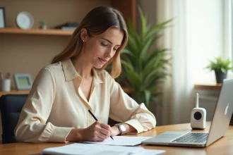 Femme rédigeant une lettre de demande de temps partiel 80% après un congé maternité à son bureau à domicile