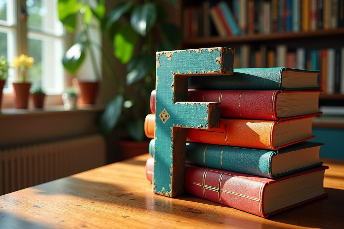 Lettre F parmi des dictionnaires colorés sur une table en bois