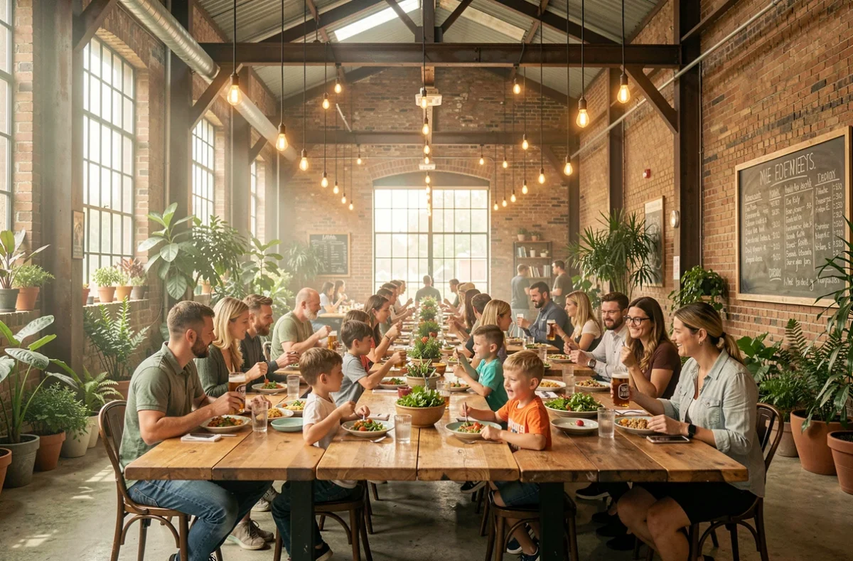Le Magasin Général de Darwin à Bordeaux, grand espace convivial en entrepôt réhabilité avec familles et enfants attablés