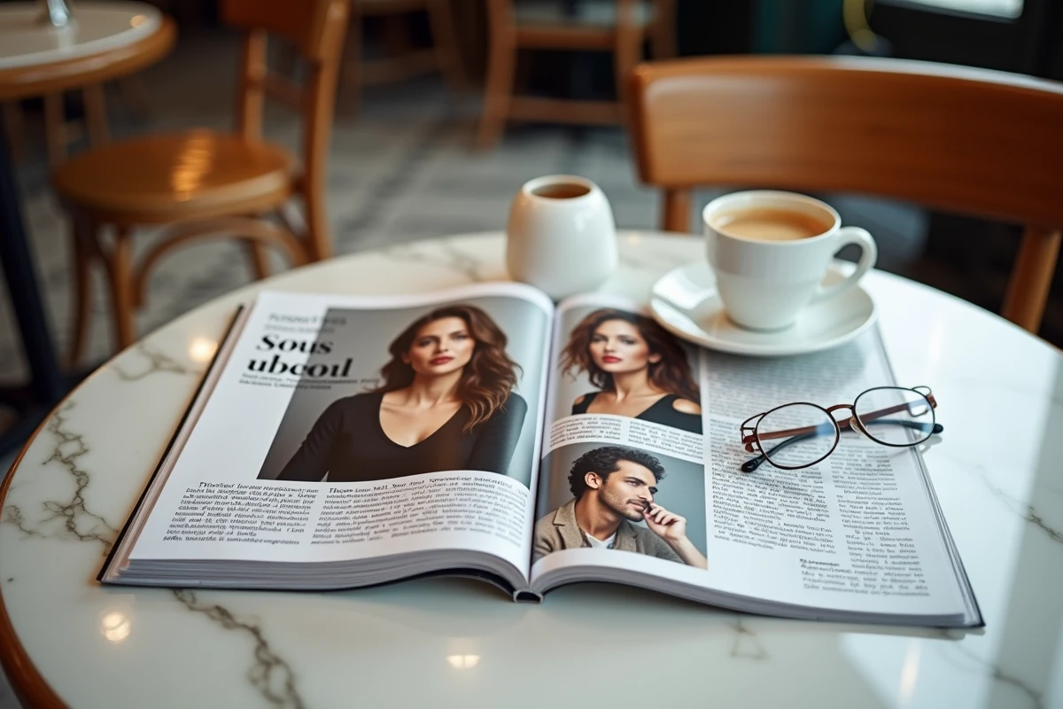 Magazine people français ouvert sur une table de café parisien avec articles sur la vie privée de personnalités médiatiques