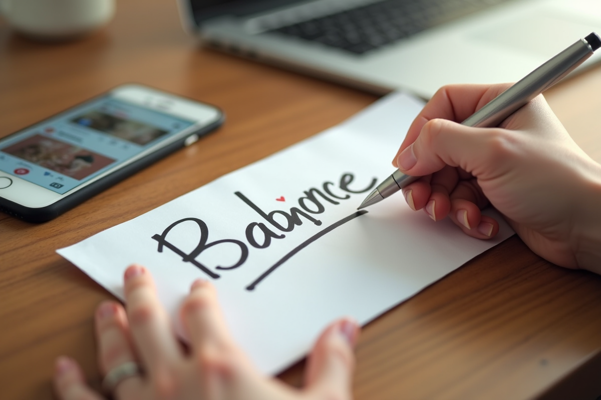 Main tenant un papier avec nom de bébé écrit à la main sur un bureau en bois