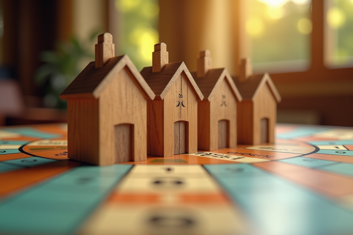 Maisons et hotels en bois sur un plateau de Monopoly