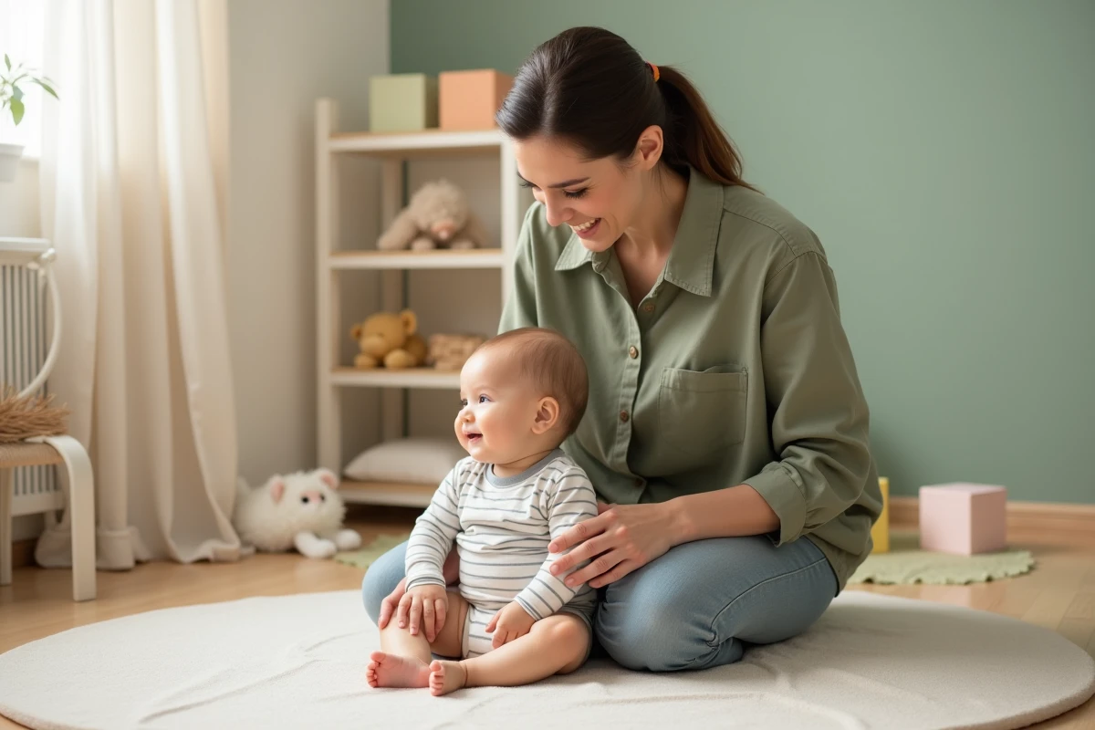 Maman aidant son bébé à s'asseoir seul sur le sol d'une salle de jeux, exercice ludique de motricité pour nourrisson