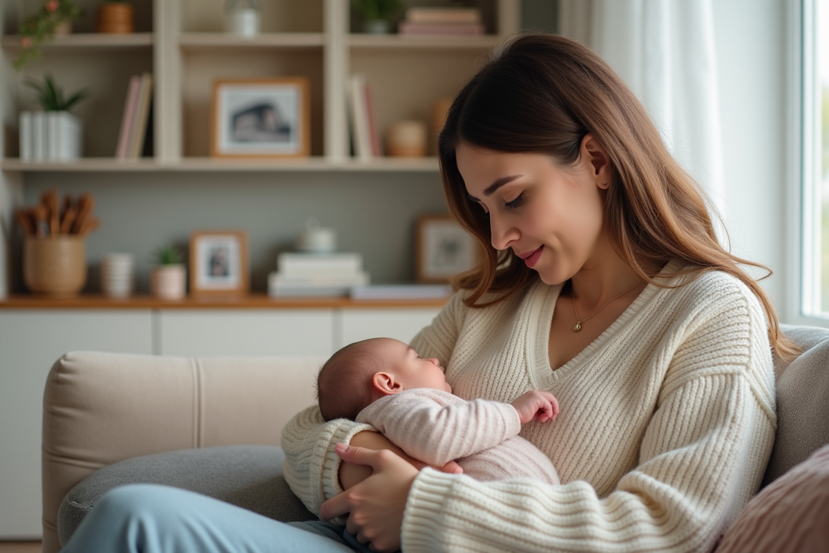 Femme allaitant son bébé dans un salon pastel