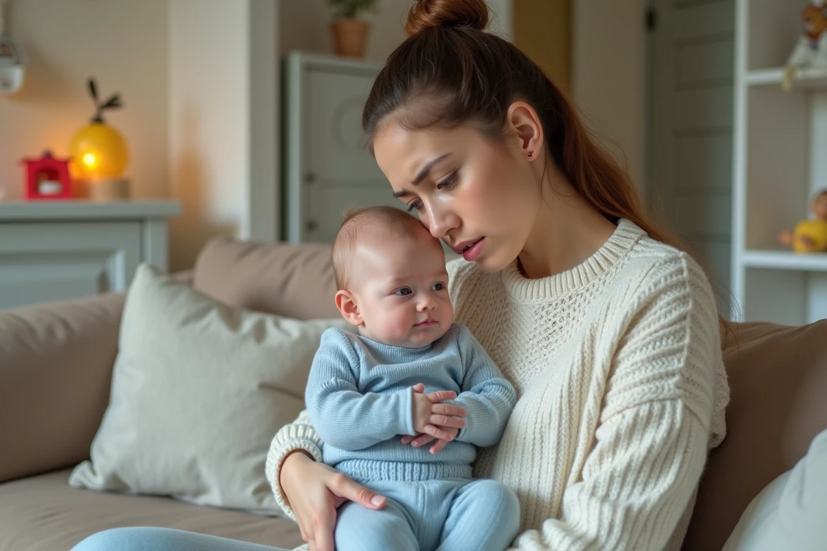 Maman inquiète tenant son bébé dans un salon chaleureux